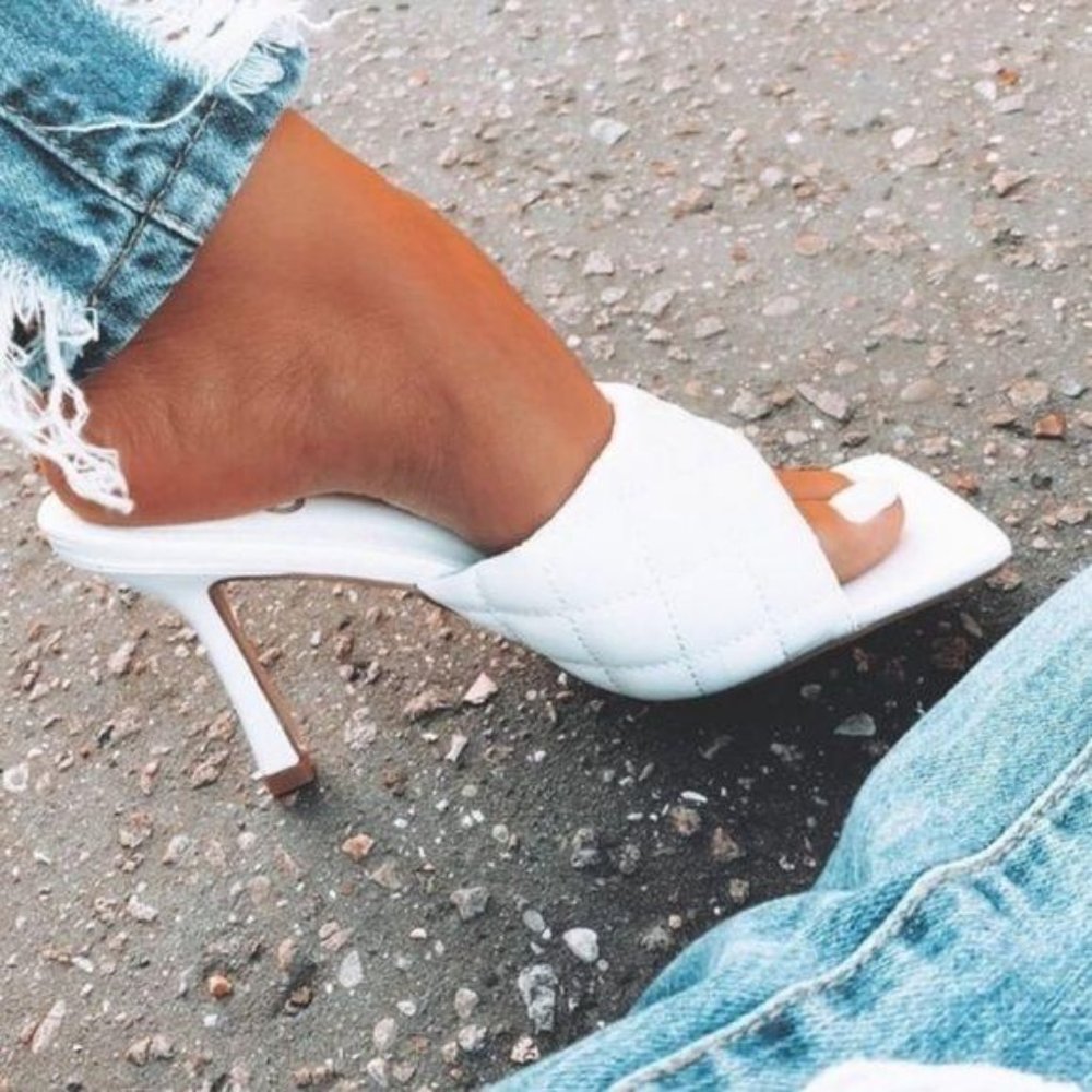 Square Toe Quilted Mules in White
